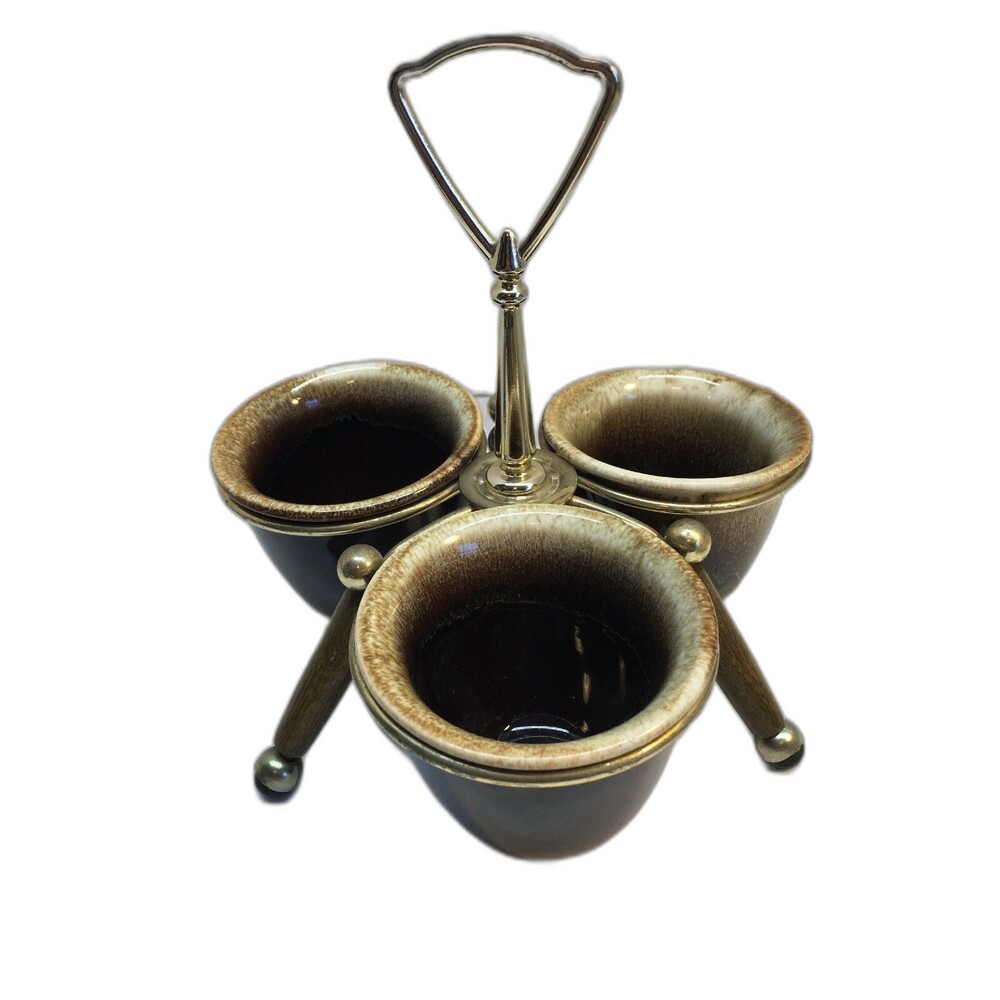 Brown Drip Stoneware Condiment Bowls With Handled Carrier Mid Century Modern